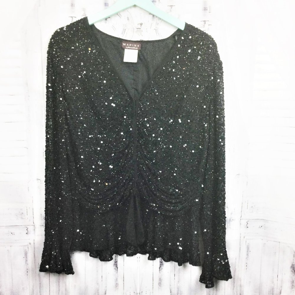 Marina Black Silk Sequined Evening Sheer Blouse 14